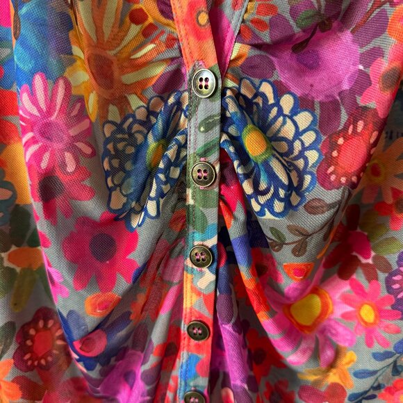 Natural Life Sz XL Carina Mesh Top Vivid Floral Flower Power Fitted Low V Sheer - Picture 7 of 16